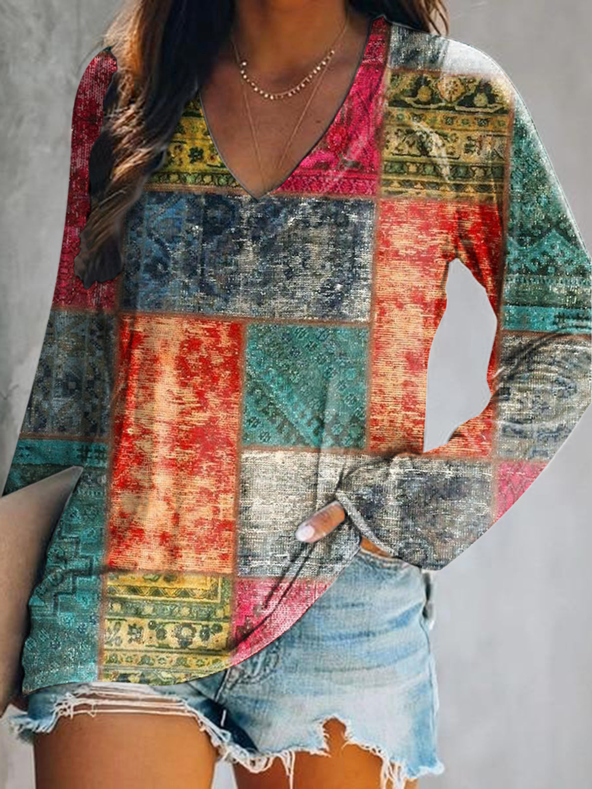 Women's Hippie Art Painting Vintage Print V-Neck Long Sleeve