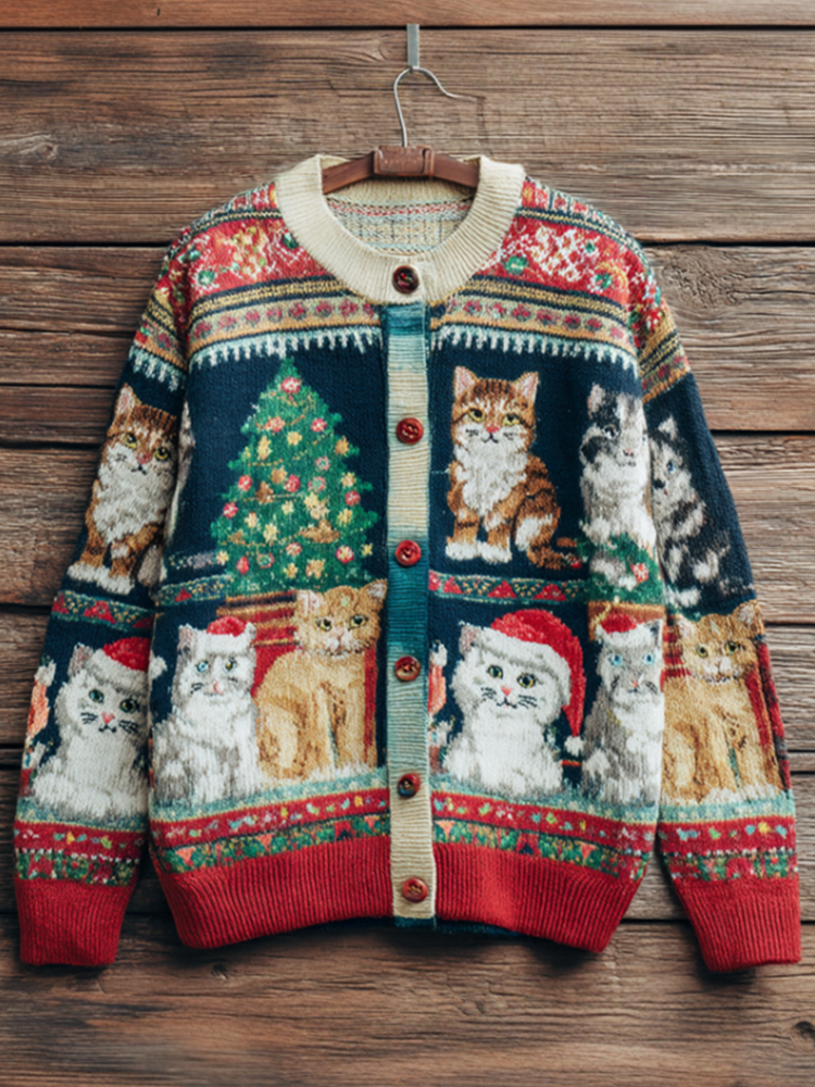 Comstylish Christmas Fun Cat Lady Round Neck Knitted Sweater Coat
