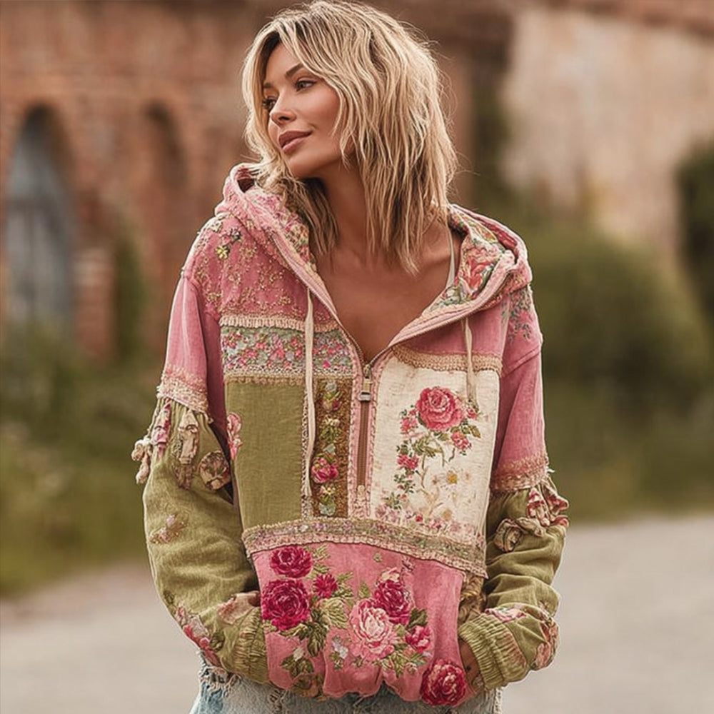 Bohemian-style Vintage Warm-colored Patchwork Hoodie artswardrobe
