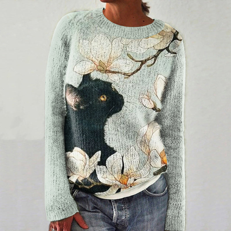 Flowers & Black Cat Art Print Women's Sweater elevenforest