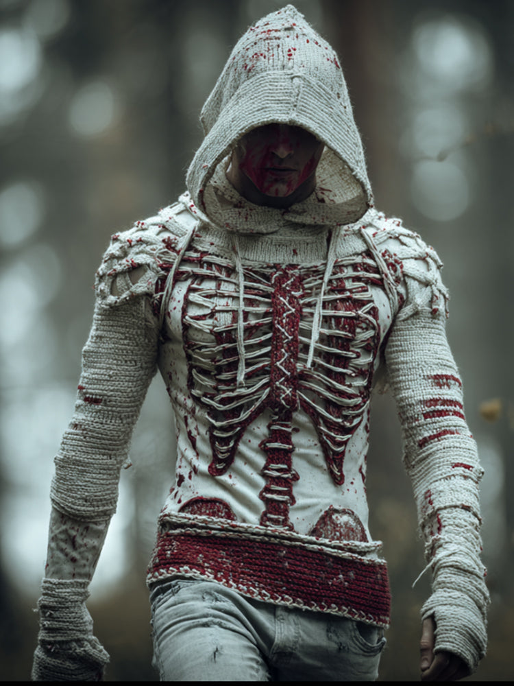 Men's Halloween Three-dimensional Skeleton Blood Stain Tie Hooded Sweater artswardrobe