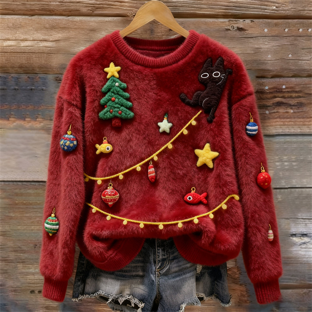 Naughty Christmas Cat Women's Cozy Plush Sweater artswardrobe