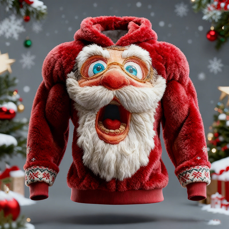 Comstylish Men's Surprised Santa Claus Print Ugly Hooded Sweater