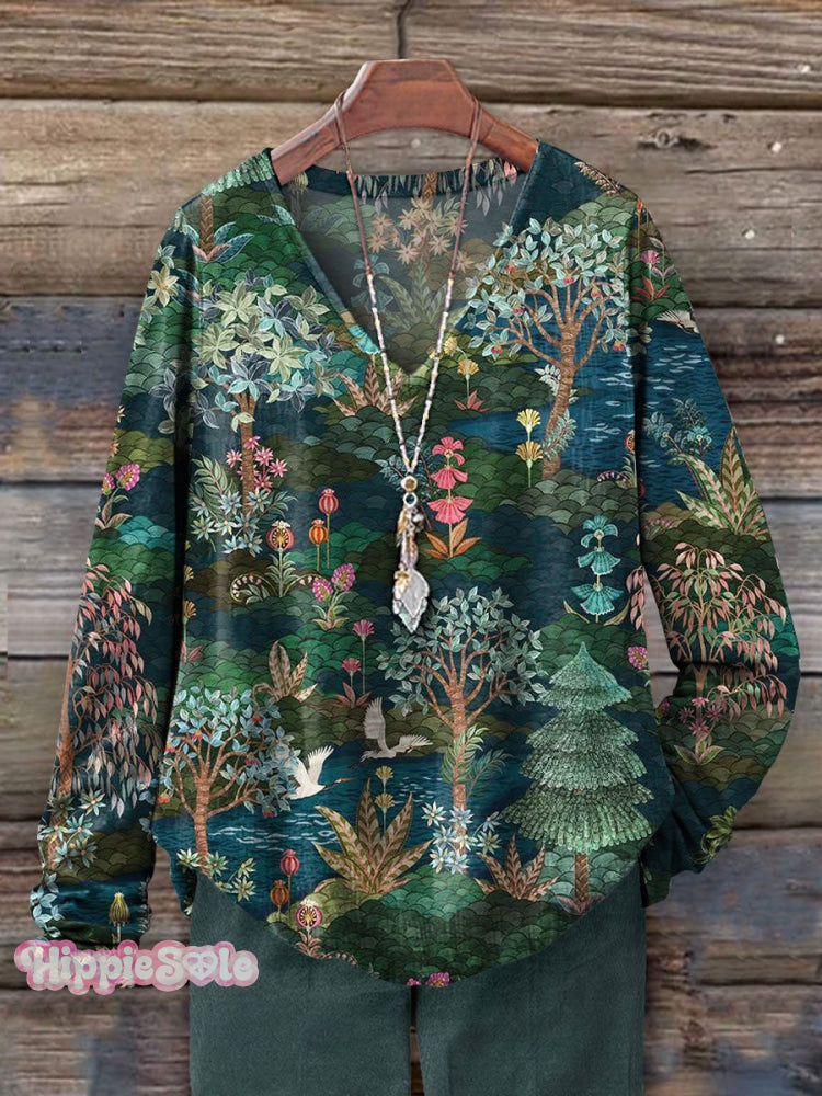 Women's Nature Art Print 100% Cotton Casual V-neck Long Sleeve Shirt