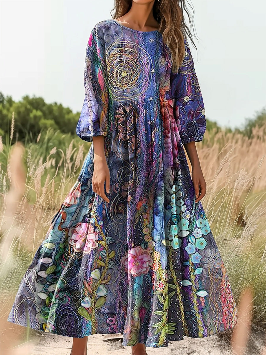 Women's Vintage Floral Texture Print Flowy Cotton Crew Neck Dress