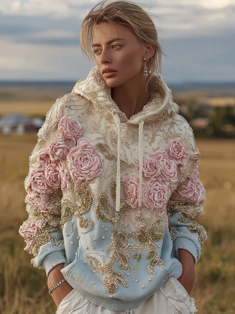 Comstylish Bohemian Style Plant And Flower Embroidery Pattern Women's Hooded Sweatshirt