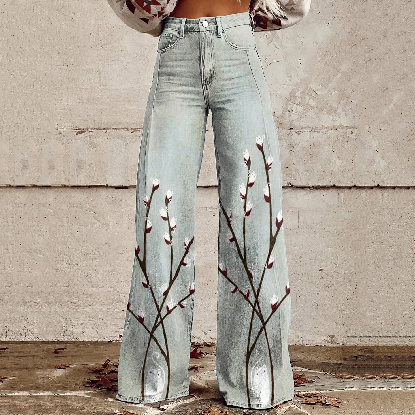 Vintage Floral Cat Japanese Art Casual Wide Leg Jeans elevenforest