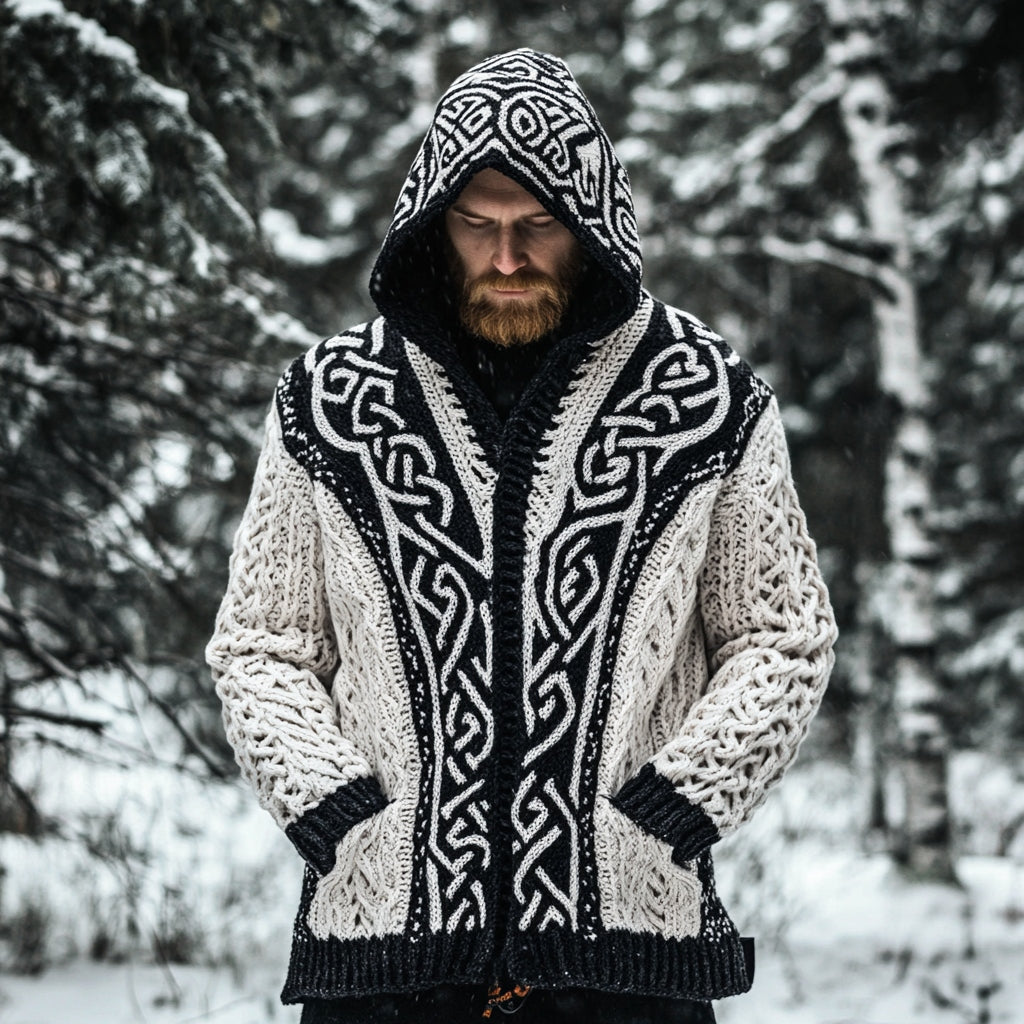 Men's Viking Celtic Knotted Jacquard Pocket Hooded Cardigan Sweater artswardrobe