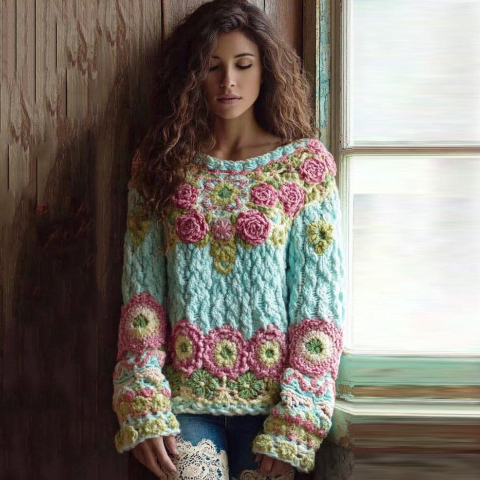 Women's Boho Chunky Knit Crochet Floral Crew Neck Sweater artswardrobe