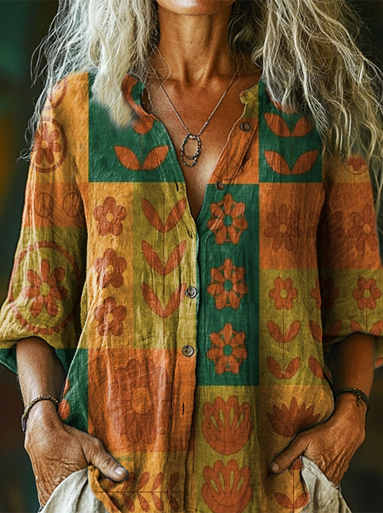 Women's Vintage Floral Collage Art Pattern Print Casual Cotton Linen S