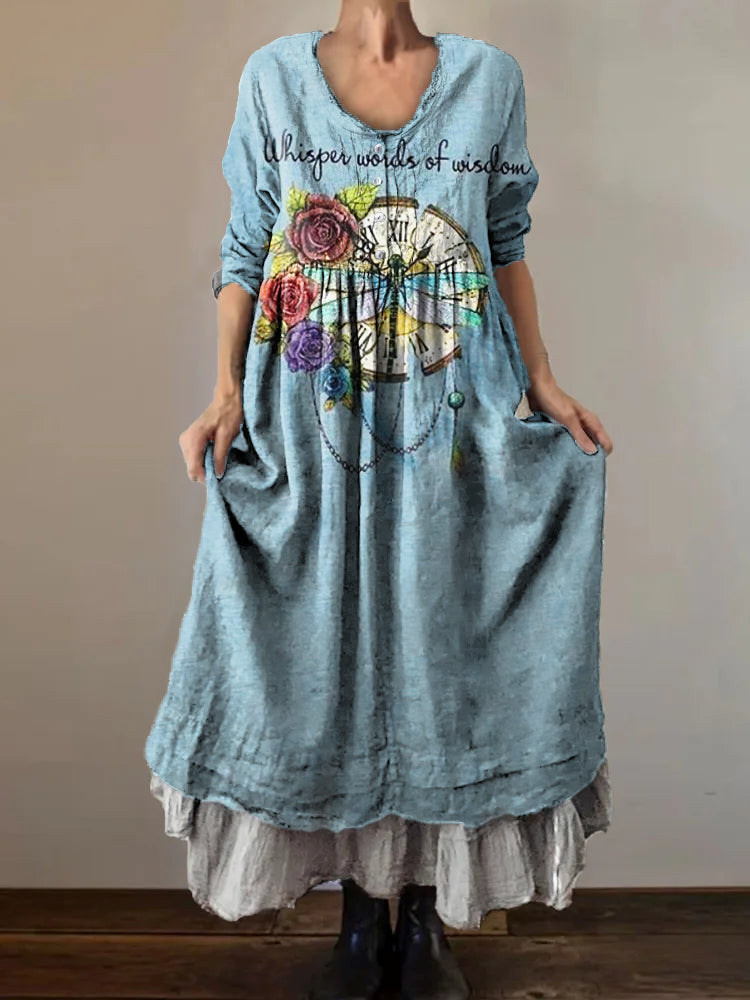 Women's Hippie Dragonfly Art Print V-Neck Button Pocket Cotton Dress