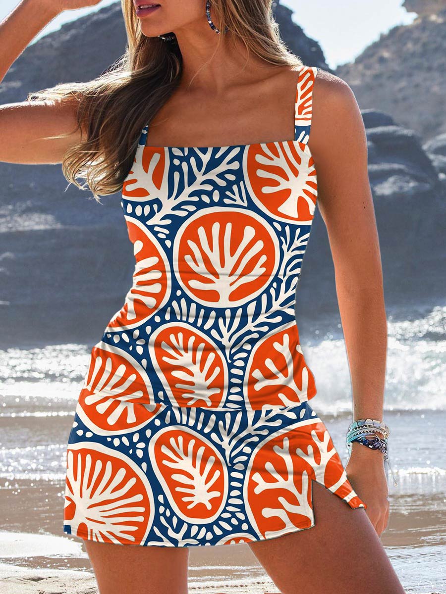 Women's Floral Art Print Square Neck Tankini Set