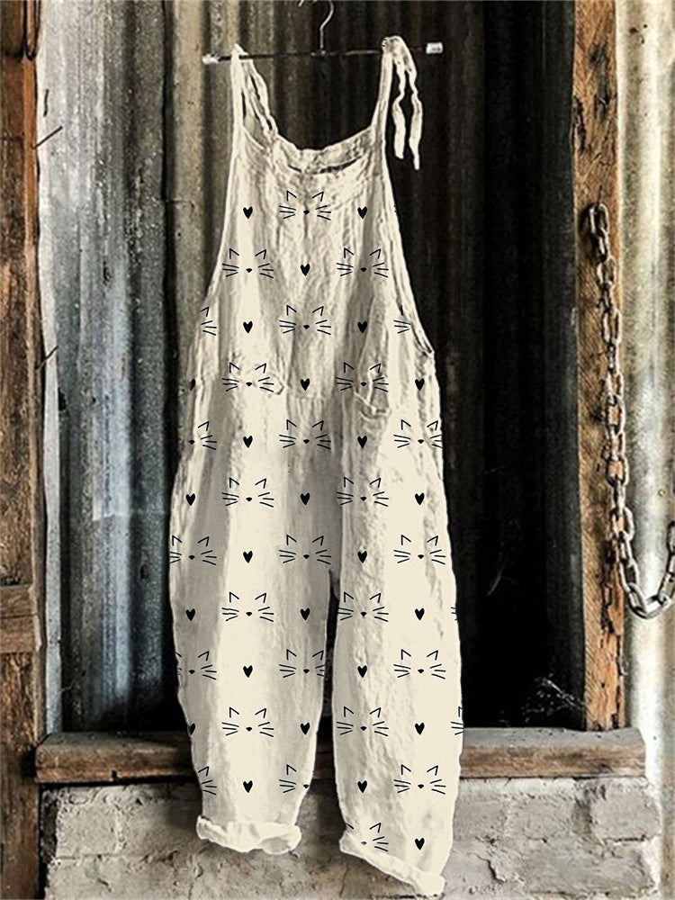 Cute Cat Face Printed Linen Blend Casual Jumpsuit elevenforest
