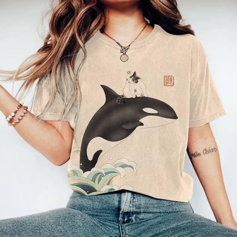 Vintage Japanese Art Whale And Cat Wave Print Casual T-Shirt elevenforest