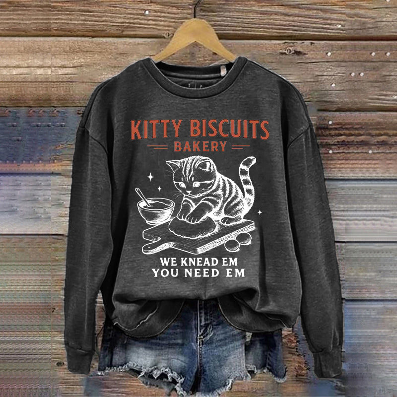 Women's Cute Kitty Biscuits Bakery Print Sweatshirt elevenforest