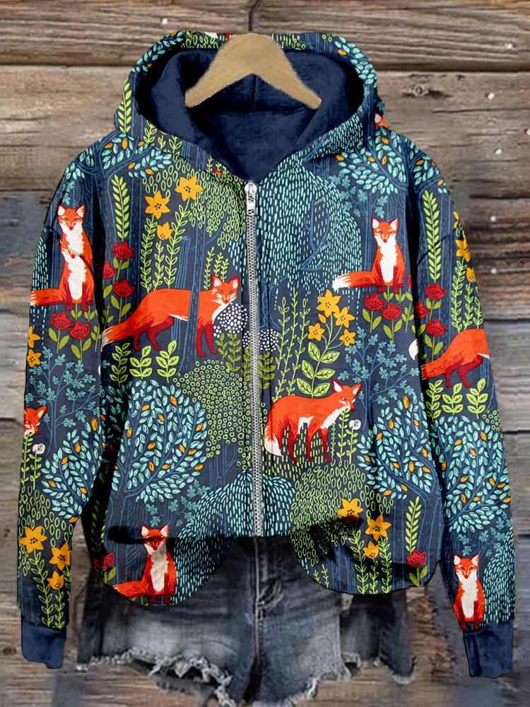 Fox in the Forest Graphic Zip Up Comfy Hoodie artswardrobe