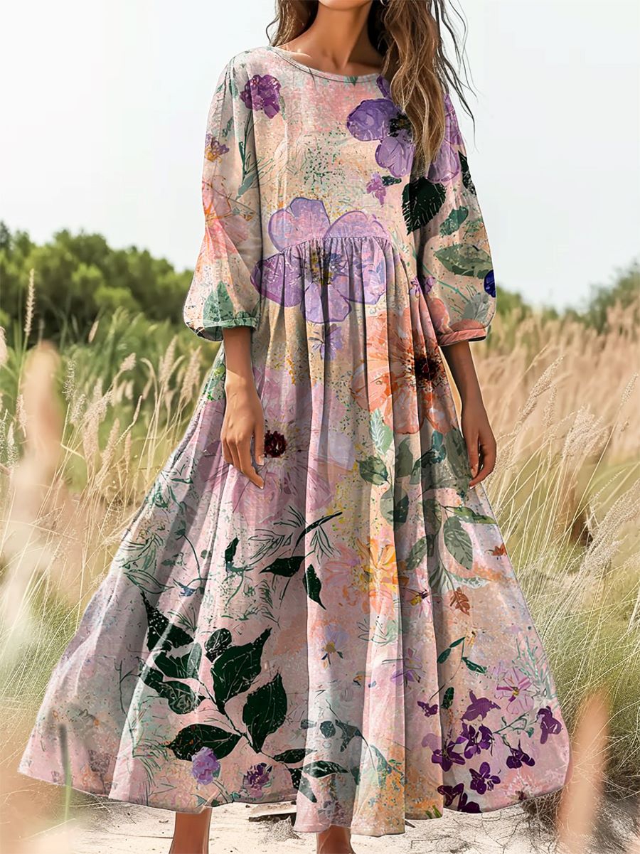 Women's Floral Art Print Cotton Crew Neck Dress