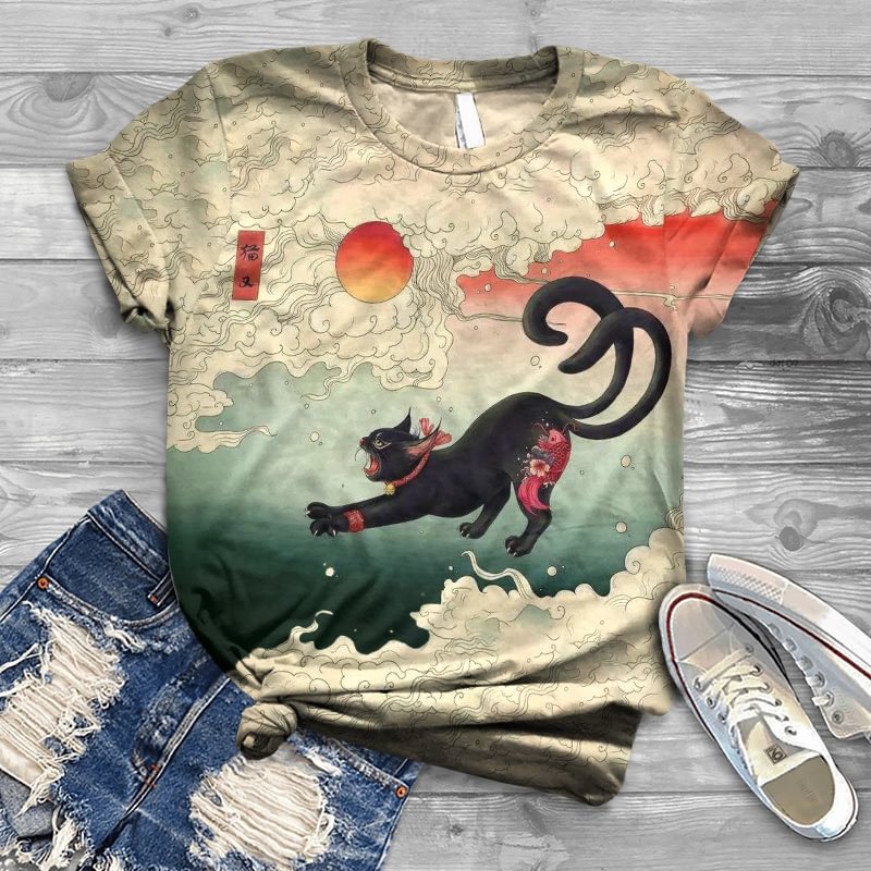 Retro Japanese Style Ancient Cat Demon Print Crew Neck Cozy Vintage T-Shirt elevenforest