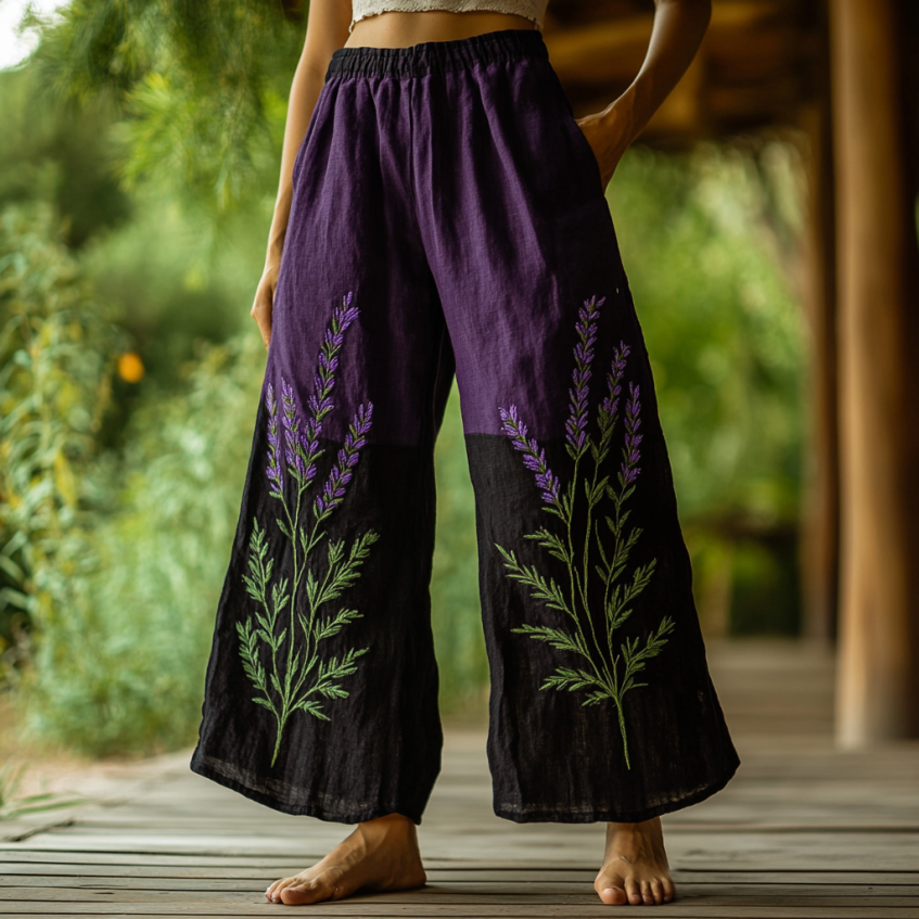 Vintage Bohemian Lavender Embroidery Art Printed Cotton Linen Wide Leg Pants artswardrobe