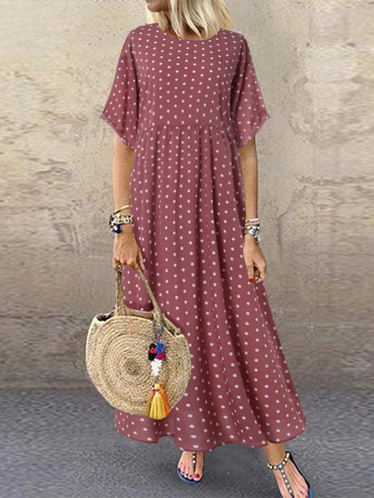 ER | Polka Dot Ladies Midi Dress Bohemian Holiday Manica corta O-Neck Long Robe Vintage Loose Casual A-line Vestidos Summer