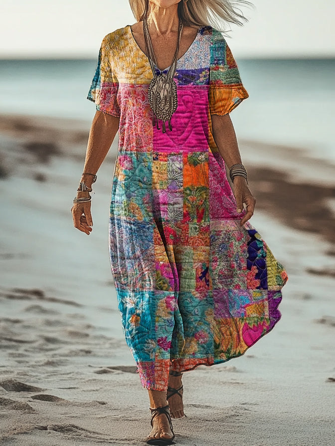 Women's Vintage Floral Patchwork Art Print Pocket Cotton Dress