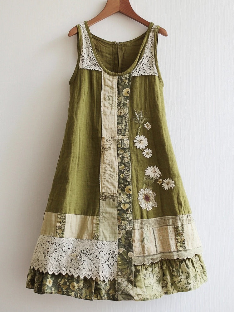 Floral Embroidered Lace Patchwork Linen Blend Avocado Green Dress artswardrobe