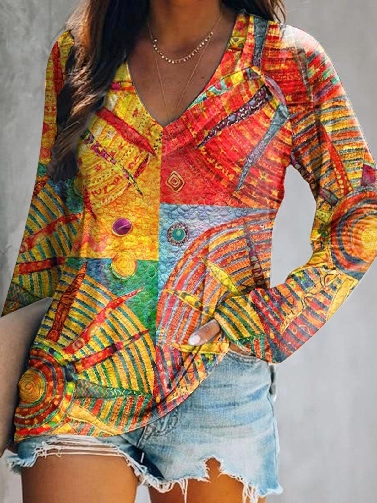 Women's Colorful Sun Collage Art Print Casual V-neck Long Sleeve T-shi