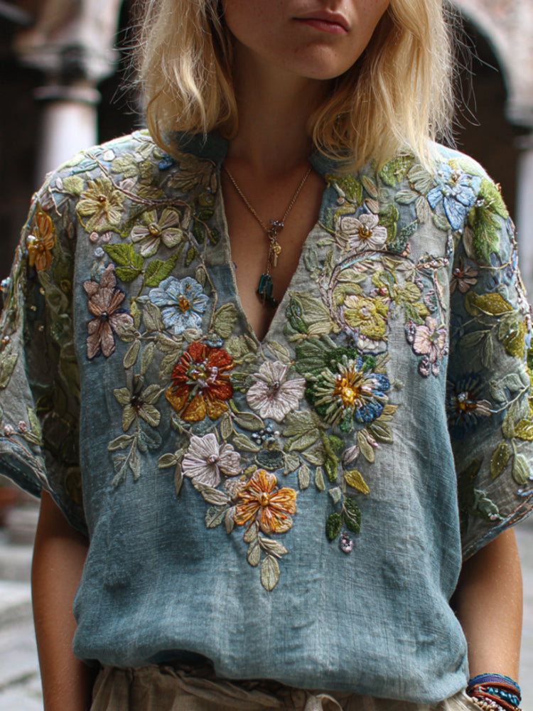 Comstylish Bohemian Blue Melancholy Embroidery Vintage V-neck Short-sleeved Shirt