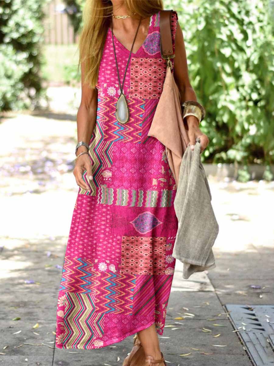 Women's Kantha Floral Pattern Loose Cotton and Linen Tank Top Dress