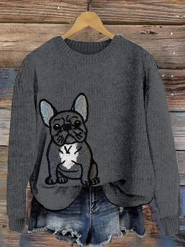 Comstylish Lovely French Bulldog Embroidered Cozy Sweater