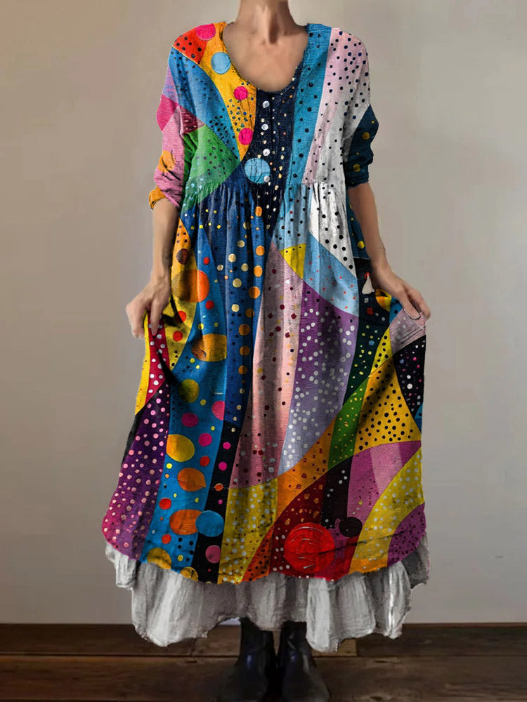 Women's Colorful Irregular Ripple Pattern Art Print V-Neck Button Pock