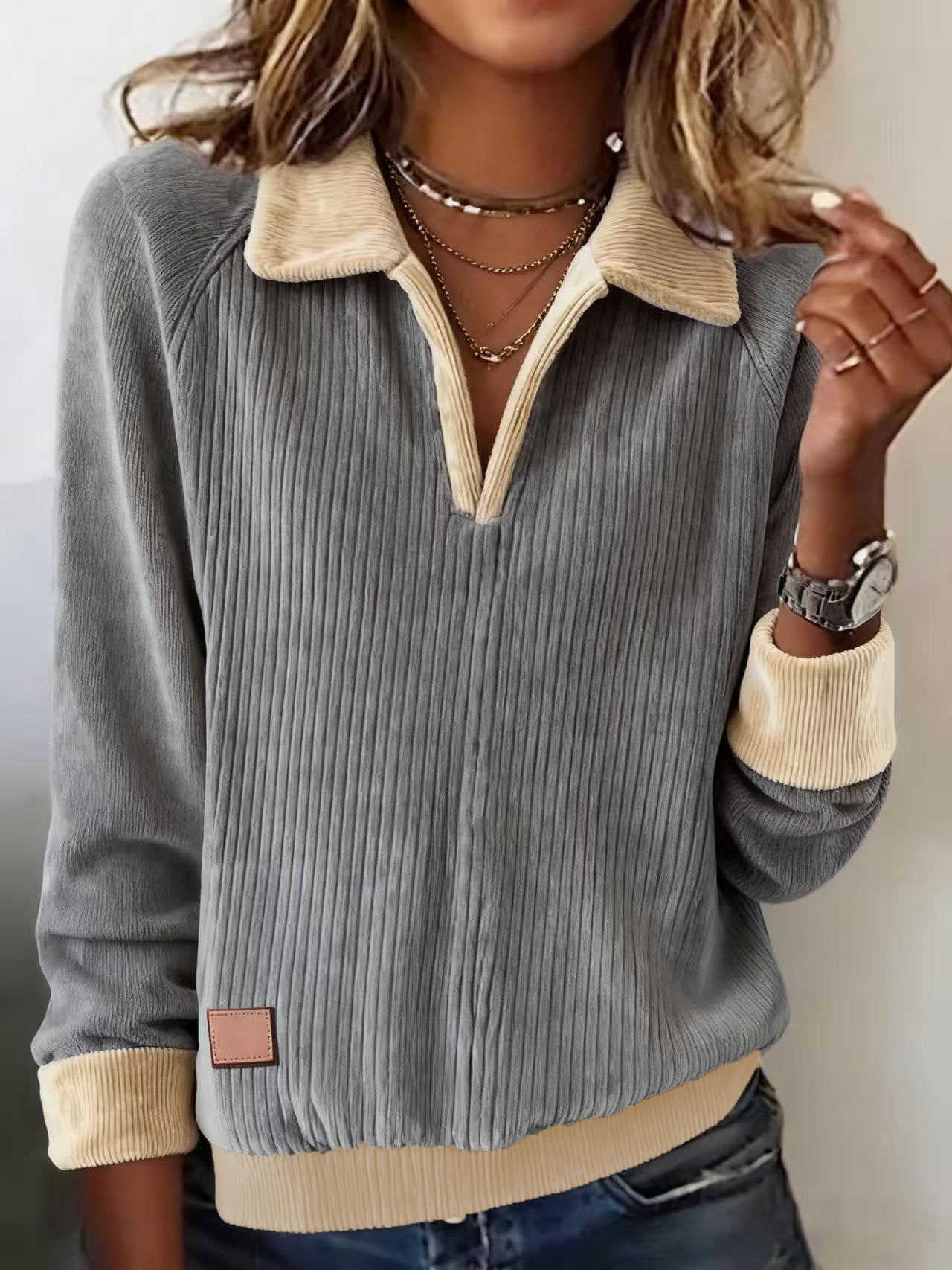 Women'S Lapel Contrast Corduroy Pullover Sweatshirt