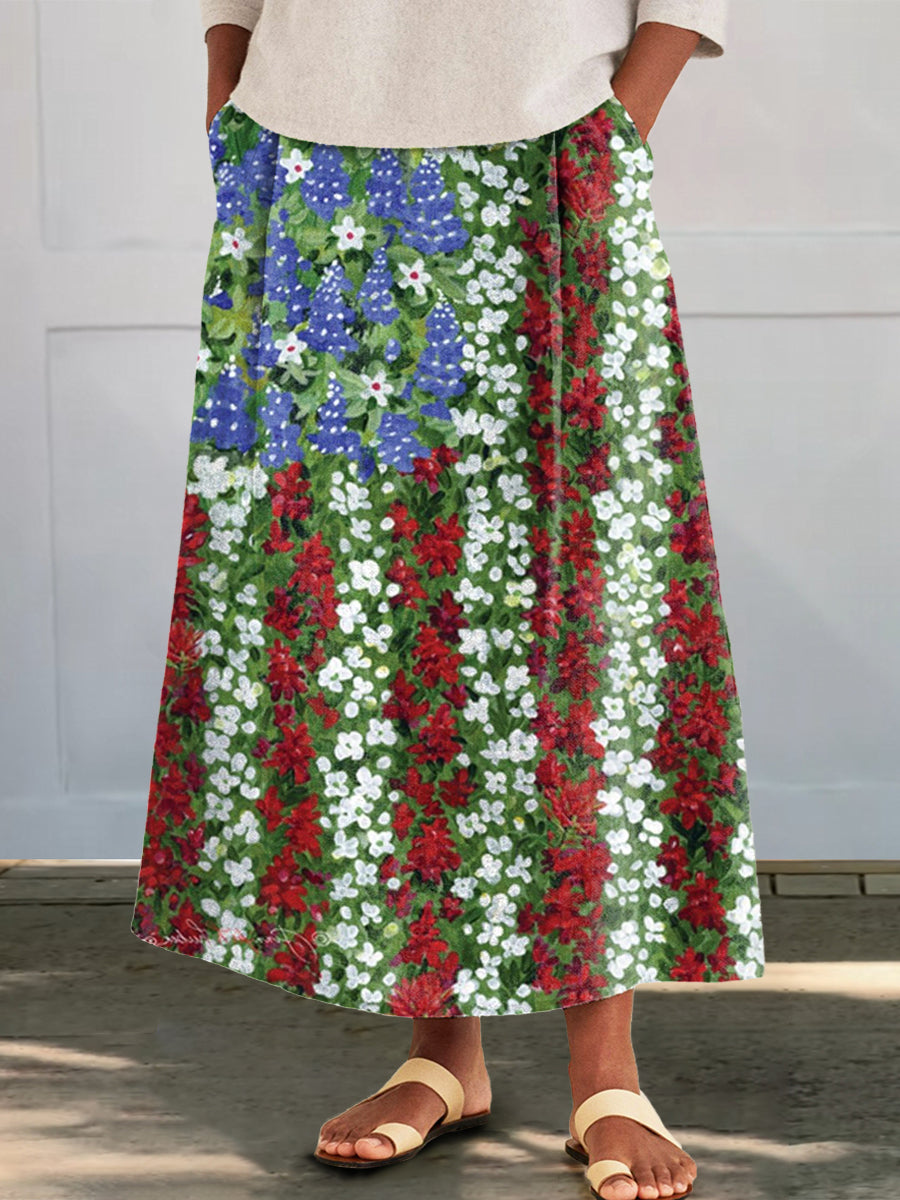 Women's Independence Day Floral Flag Art Print Cotton Pocket Skirt