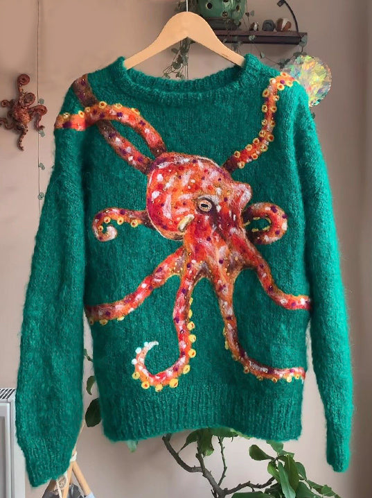 Women's Felt Octopus Pattern Cozy Knit Sweater elevenforest