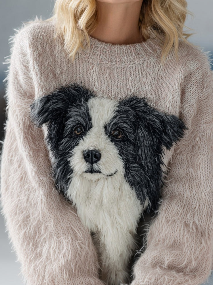 Cute Fuzzy Border Collie Crew Neck Cozy Knit Sweater artswardrobe