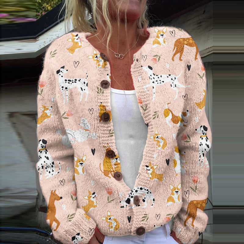 Comstylish Dog Art Print Cozy Knit Cardigan