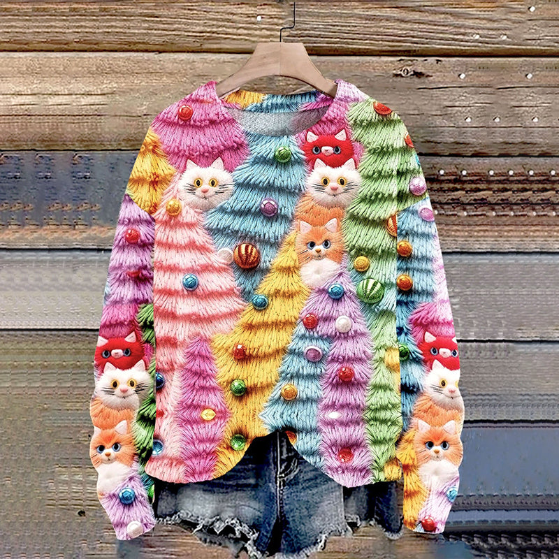 Christmas Tree Cute Cat 3D Print Knit Sweater elevenforest
