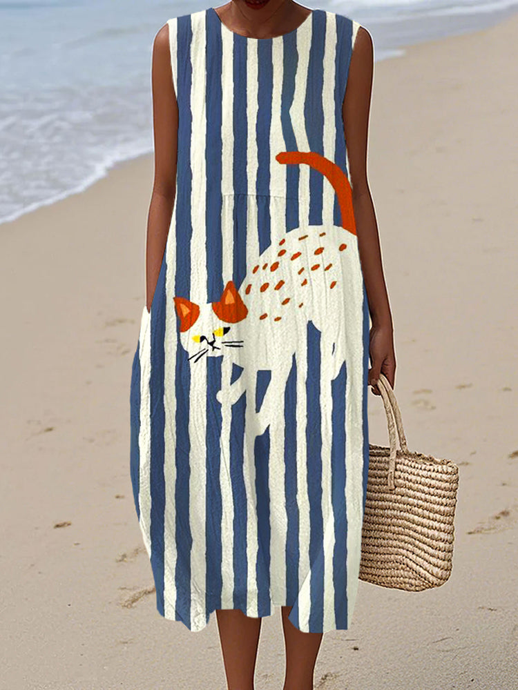 Comstylish Striped Cat Print Women's Linen Tank Dress
