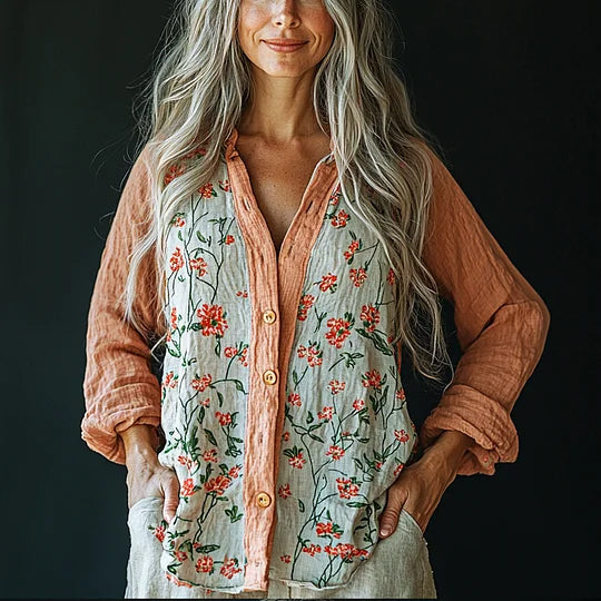 Women's Retro Loose Bohemia Floral Contrast Panel Print Casual Shirt artswardrobe