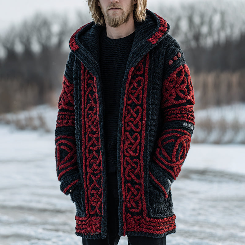 Men's Retro Celtic Knot Art Jacquard Chunky Knitted Cozy Hooded Cardigan elevenforest