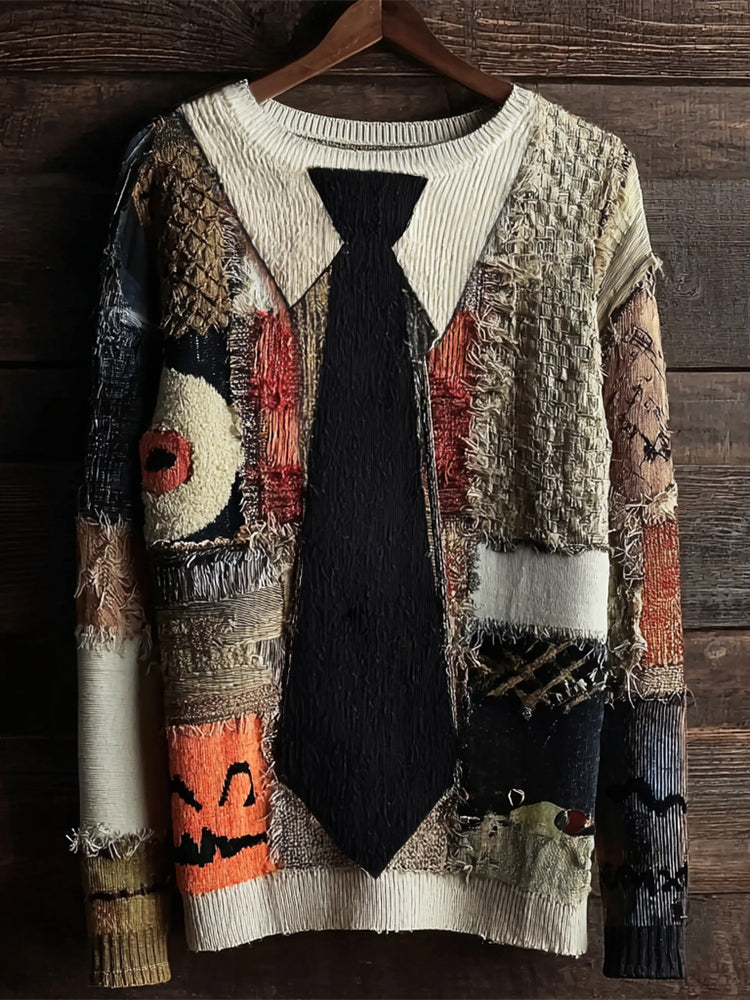 Halloween Monster Eyes Embroidered Tie Patchwork Women's Knit Crewneck Sweater artswardrobe