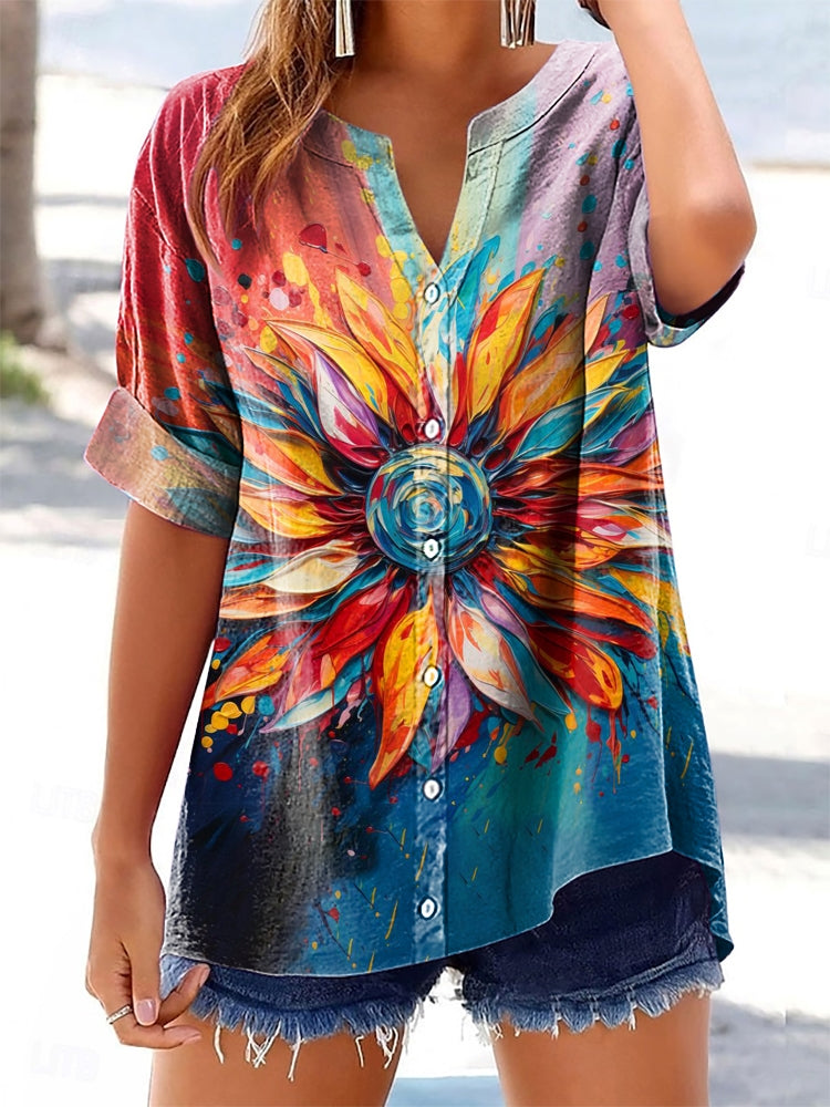 Women's Floral Pattern Art Print Casual Cotton Linen Short Sleeve Shir