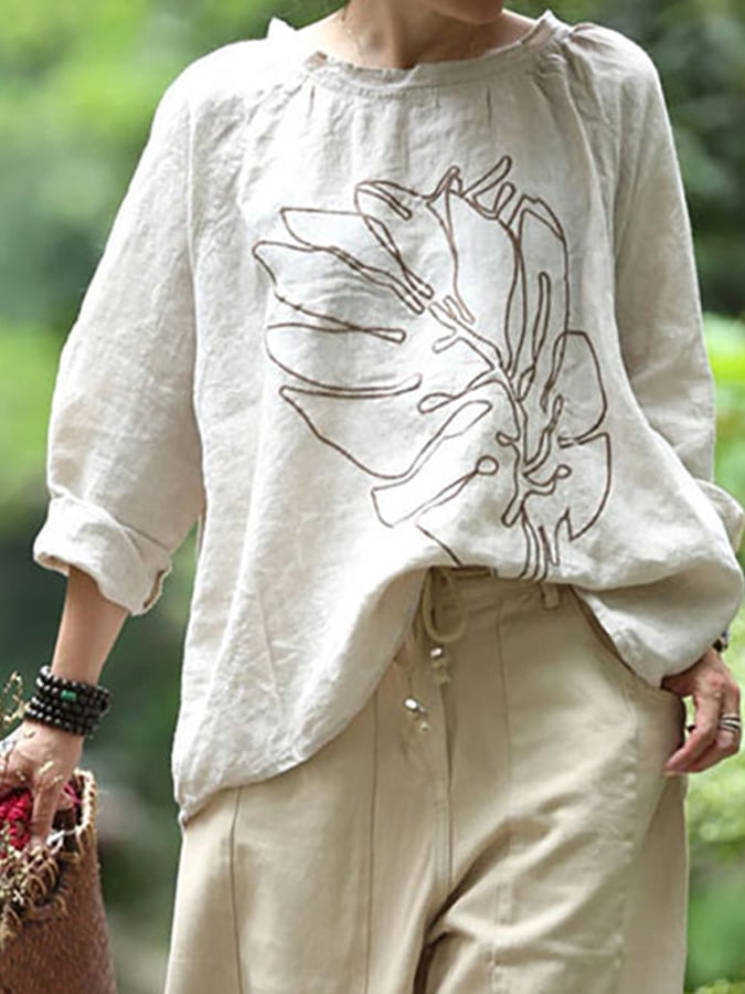 Women's Spring Solid Color Cotton Linen Loose Long Sleeve Top