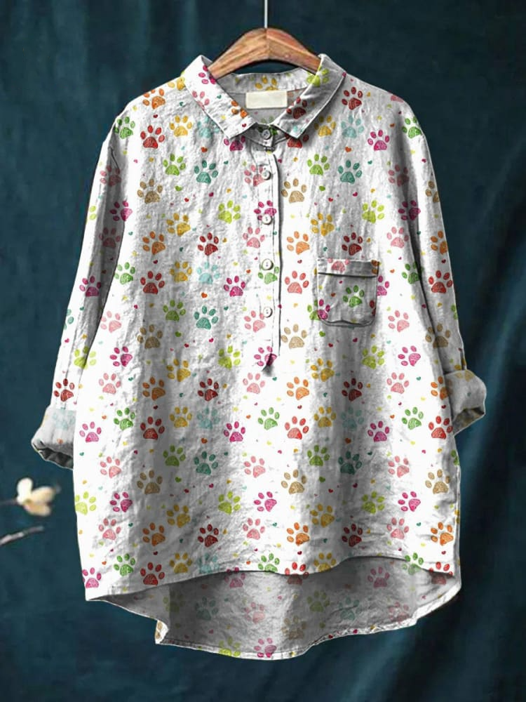 Lovely Animal Paws Pattern Printed Women's Casual Cotton And Linen Shirt