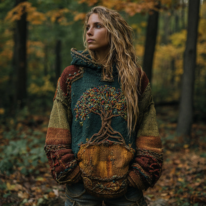 Vintage Tree Of Life Symbol Contrast Color Comfortable Chunky Knit Hooded Sweater elevenforest