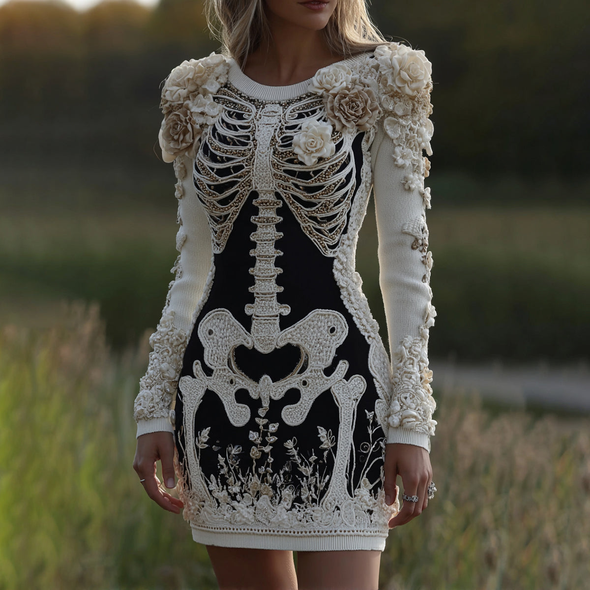 Women's Halloween Skeleton Bones With Rose Art Cozy Knit Mini Sweater Dress artswardrobe