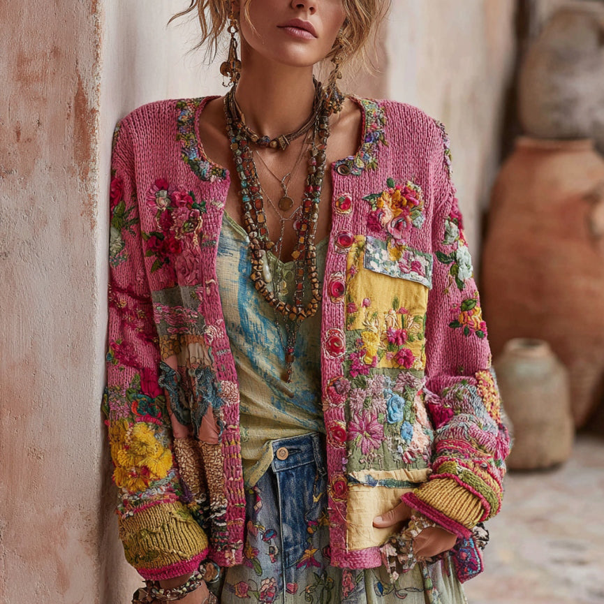 Women's Vintage Bohemian Floral Embroidery Patchwork Art Sweater Cardigan artswardrobe
