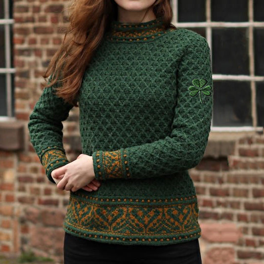 Women's Irish Celtic Knotted Trefoil Jacquard Turtleneck Sweater artswardrobe