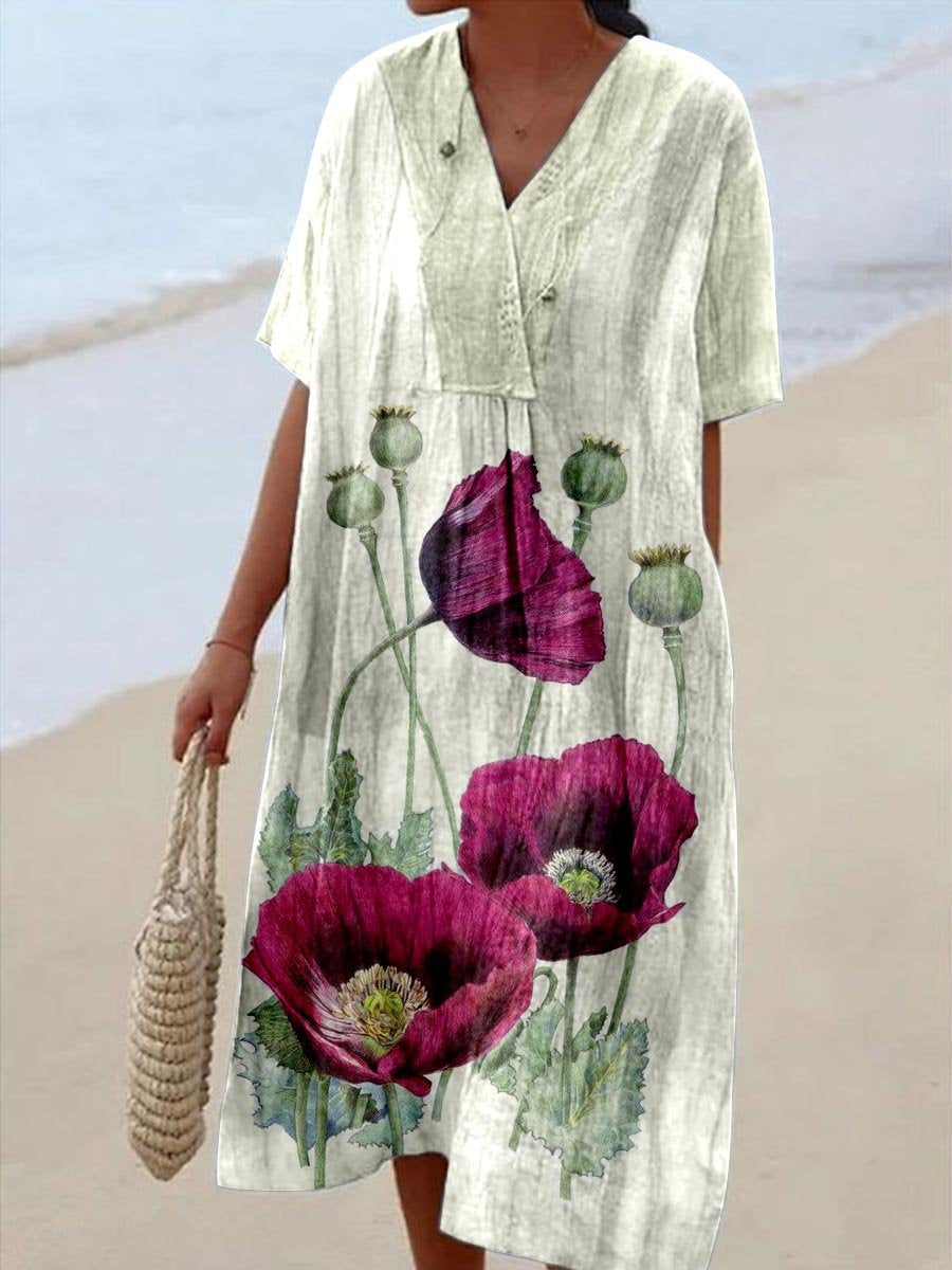 Women's V-neck Poppy Fruit Seaside Resort Style Dress