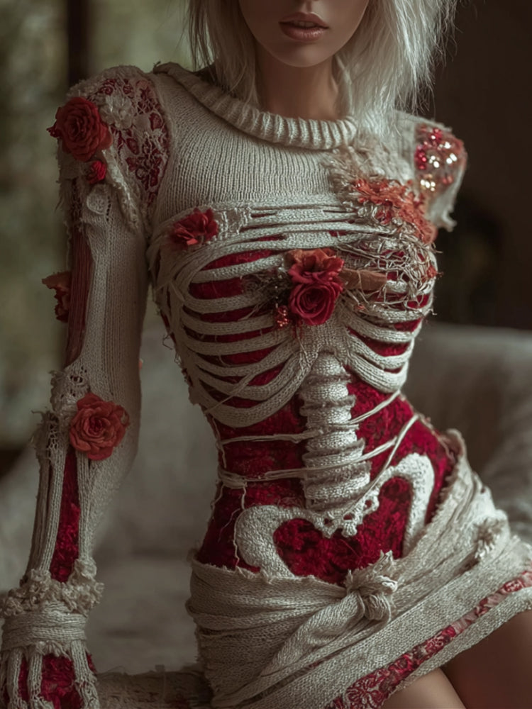 Women's Halloween Skeleton And Rose Art Round Neck Mini Skirt artswardrobe